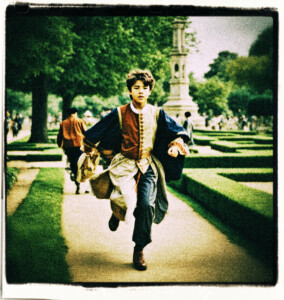 Teenage boy running to his uncle in a manicured park. Scene and clothes appropriate for 16th century France.