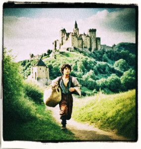 Image of a fourteen year old boy carrying a sack running through the hills with a castle in the background. Clothes and scene appropriate for 1500s France.