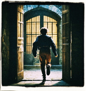 Teenage boy running past an open door in a dark part of the castle's halls. Clothes and background appropriate for 16th century France.