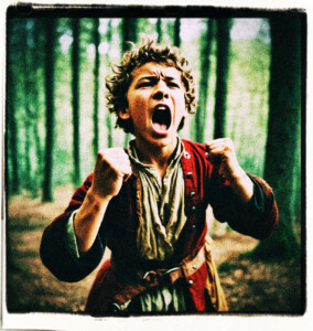 Boy of French decent, in the woods, screaming at someone. His eyes narrowed, fingers formed into fists, veins bulging from neck and forehead, red faced. Clothes and scene appropriate for 1600s France.