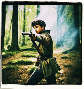 Teenage boy in the woods taking aim with a flintlock pistol as though in a duel. Clothes and background appropriate for 16th century France.