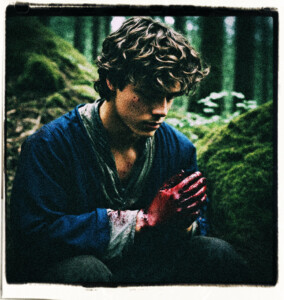 18 year old man in the woods He is looking down at his bloodied hands. Clothes and background appropriate for 16th century France.