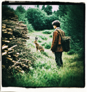 A teenage out in the woods searching for firewood. There is a hare in the distance hiding in the bushes. Clothes and background appropriate for 16th century France.