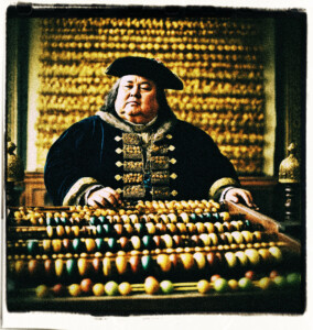 Corpulent count using an abacus while surrounded in wealth. Clothes and style appropriate for 16th century France.