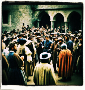 A crowd of castle staff gawking and gabbing as something takes place further on. Background and clothing appropriate to 16th Century France.