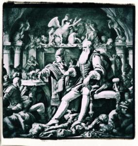 Picture of what looks to be a relief, which features two noble men surrounded by dead, or drying subjects and livestock.
