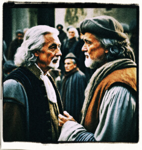 An older noble man is speaking to a silver-haired bourgeois about the face of a teenage boy. Background and clothing appropriate to the 16th century France.