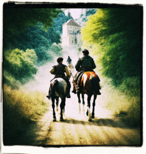 Picture of a dusty road with some sort of castle in the distance. Horsemen are using the path located in a wooden area.