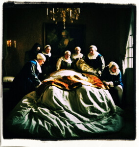 Corpulent bed in bed, pale, deathly, in pain. A somber group of servants look on crestfallen. Background and scene appropriate to 16th century France.