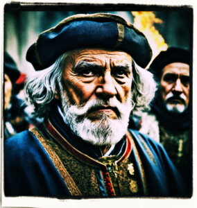 Old man dressed as a noble with eyes burning with hate, bulging jaw muscles, tight lips, flaring nose. Surrounded by people gawking at him. Background and clothing appropriate to 16th Century France.