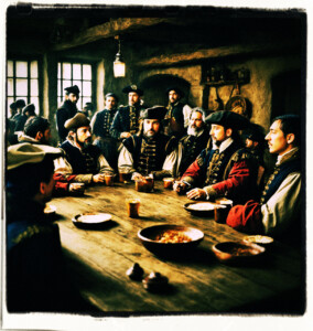 Uniformed men sitting around a large table in a tavern, everyone focused on the officer at the head of the table. Clothes and background appropriate for 16th century France.