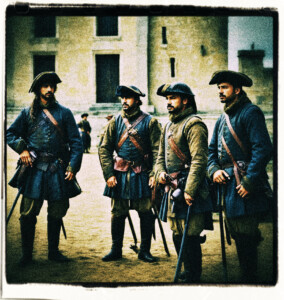 Five guards snapping to attention. Background and clothing appropriate to 16th Century France.