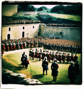 Picture of a small Spanish fort, filled with soldiers conducting drill. Clothes and background appropriate for 16th century France.