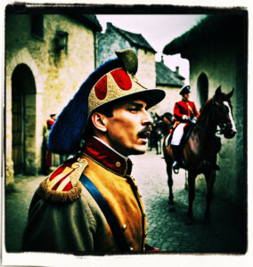 Guard clearing his throat as a soldier heads off to the stables. Background and scene appropriate to 16th century France.