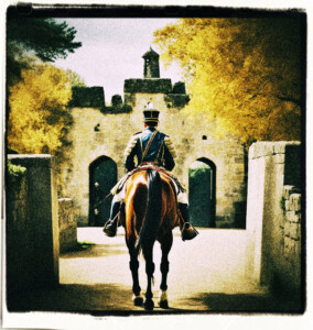 Man on a large horse, in a military uniform, approaching guards at a stone gate. Background and clothing appropriate to the 16th century France.