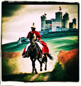 Horse and rider wearings the Kings colours racing towards the castle gates. Background and scene appropriate to 16th century France.