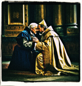 Picture of a noble man kneeling and kissing the ring of a catholic bishop who is standing. Clothes and style appropriate for the 16th century.