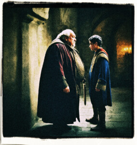 The picture of a corpulent old man facing off a teenage boy in dark castle halls. Clothes and background appropriate for 16th century France.