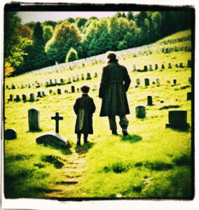 A man in his forties and a boy looking upon a hillside cemetery. Run along a hill, there were headstones protruding from the ground at regular intervals but are nearly buried by years of accumulation.