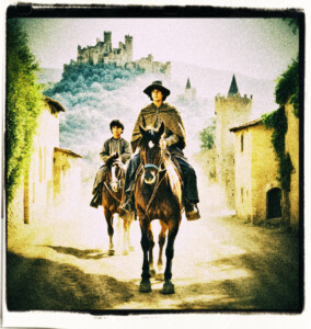 A man and a boy riding their horses through a town, with a castle in the background.