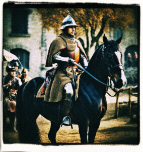 Soldier on a warhorse, with sword drawn and horse on its hind legs. Inside the courtyard of a castle. Background and clothing appropriate to 16th Century France.