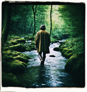 Picture of a man walking through a stream in a heavily wooded area. 