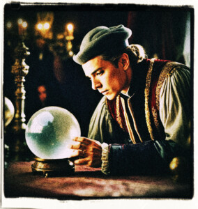 Picture of a noble man peering into a crystal ball as though divining the future. Background and clothing appropriate to the 16th century.