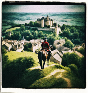 Man on a large horse, in uniform, atop a ridge. Looks at a small French town surrounding a castle. Background and clothing appropriate to the 16th century France.