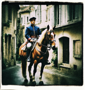 Man on a large horse, in uniform, riding down a small French town. Buildings look ill maintained, clothes tattered. Background and clothing appropriate to the 16th century France.