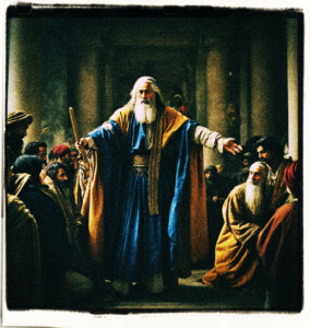 An European painting of Moses showing the stone tablets that have the ten commandments written upon them. Clothes and style appropriate for 16th century France.