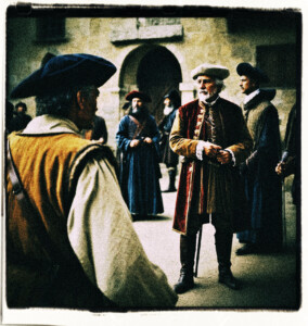 Old noble man speaking to a guard demanding that his question be answered. Background and clothing appropriate to 16th Century France.