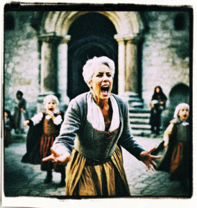 Angry grey haired, old, noble woman yelling children for playing in the courtyard of a castle. Background and clothing appropriate to 16th Century France.