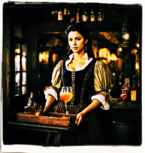 Picture of a woman of Spanish decent. Tall, well-dressed, busty, dark-brown eyes, dark-brown wavy hair. Holding a tray of drinks, as she works in a tavern. Clothes and background appropriate for 16th century France.