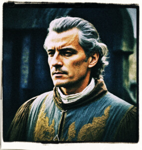 Maternien was tall and well-built, with thinning grey hair to complement the look. The distant stare in those eyes hinted this man had seen combat, and the crooked nose seemingly confirmed that fact. Dress as a bourgeois. Background and clothing appropriate to the 16th century France.