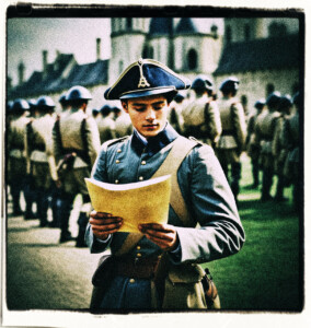 A 20 year old man in uniform reading a letter. Soldiers are marching in the background. Background and clothing appropriate to the 16th century France.