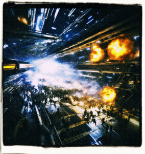 Picture of the inside of what appears to be a futuristic structure, likely a space station, there are people grouping moving towards the smoke with several explosions present.