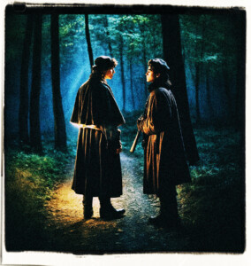 A young noble facing a thief whose light is shining in the moonlight. On a road in the dark woods lit by the moonlight only.Scene and clothes appropriate for 16th century France.