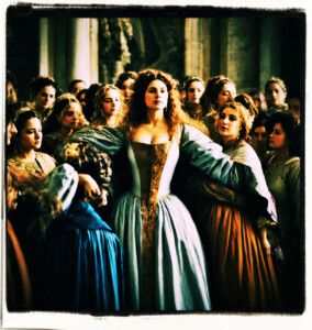Rotund Countess with grey hair pushing herself through a crowd with six female staff following. Background and clothing appropriate to 16th Century France.