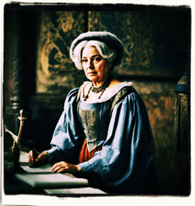 Rotund Countess with grey hair with a six staff are hurriedly packing her quarters. Background and clothing appropriate to 16th Century France.