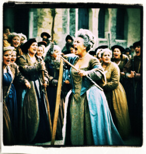 Rotund Countess with grey hair with a staff of six women is yelling at a soldier. Background and clothing appropriate to 16th Century France.