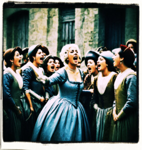 Rotund Countess with grey hair surrounded by her female servants yells at a soldier. Background and clothing appropriate to 16th Century France.