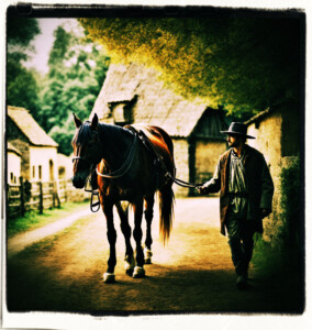 Stablehand leading a horse to the stables. Background and clothing appropriate to 16th Century France.