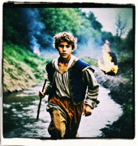 Teenage boy running towards a creek with a stick on fire. Clothes and scene appropriate for 16th Century France.