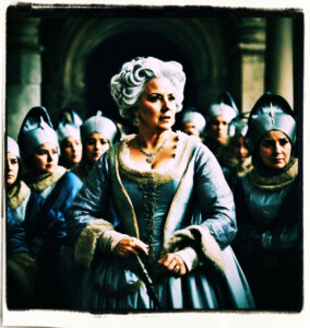 Rotund Countess with grey hair pushing with six staff surrounding her looks surprised. Background and clothing appropriate to 16th Century France.