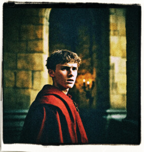Teenage boy of French descent red faced, clenched jaw, trembling with rage. Located in a dark castle hall. Clothes and background appropriate for 16th century France.