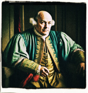 Portrait of a balding man, wears a cheap powdered wig. The man is 50 years old, has splotchy skin, a crooked nose, thin lips, and is short and fat. Clothes and background appropriate for 16th century France.