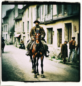 Man on a large horse, in a military uniform, riding down the streets of a small French town. Buildings look ill maintained. Several townspeople are visible, with tattered cloths, and look exhausted. Background and clothing appropriate to the 16th century France.