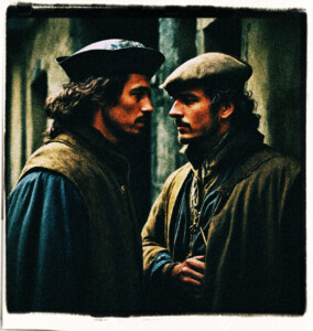 Peasant whispering something to a guard in a dark alley of a town. Clothes and scene appropriate for 16th Century France.