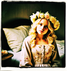 Blonde wearing a wreath of blooming flowers. Standing in a simple bedroom. Clothes and scene appropriate to the 16th Century France.