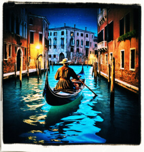 Gondola traveling a narrow channel at night with a male passenger and boatman aboard. Clothes and setting appropriate to 16th century Venice